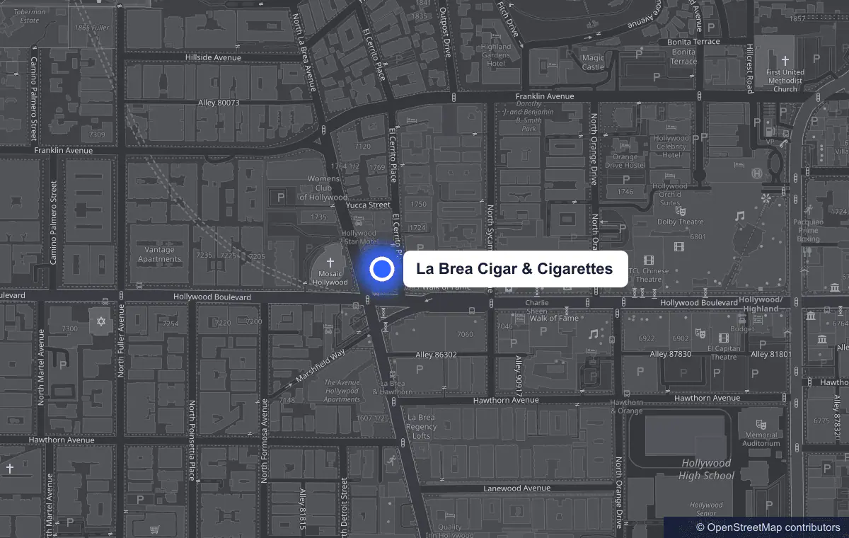 Map of La Brea Cigar & Cigarettes on Hollywood Blvd just east of La Brea Ave, near the Walk of Fame and TCL Chinese Theatre