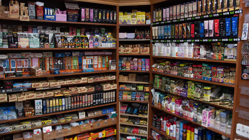 Corner shelves of rolling supplies with butane, lighter fluid and torches on the lower shelves